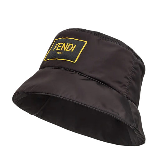 FENDI/芬迪 女士黑色尼龙黄黑拼色字母徽标刺绣贴片水桶帽渔夫帽无檐帽女帽 FXQ801-ADRT-F0QA1