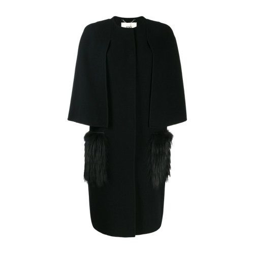 FENDI/芬迪  女装 服装黑色羊毛狐狸毛口袋中长款 女士外套女士大衣 FF8657-A5G0-F0GME