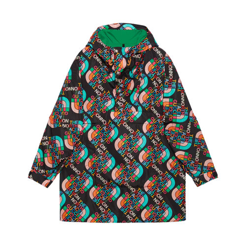 GUCCI/古驰 22秋冬款 The North Face联名系列 女士多色聚酰胺饰有彩色印花LOGO图案袖口魔术贴抽绳固定风帽黑色轻质尼龙冲锋衣外套?672461ZAH9B1478