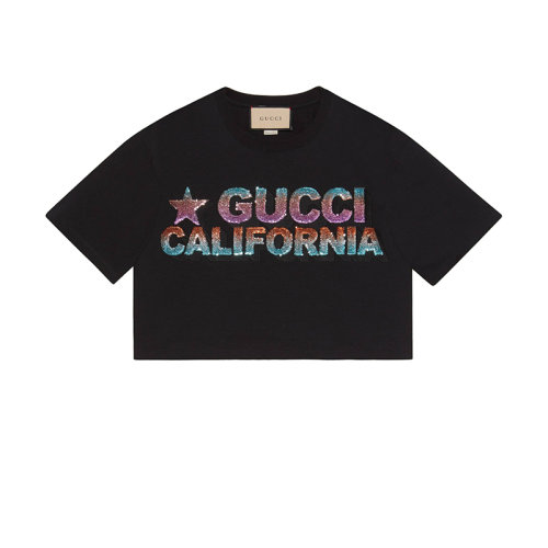 GUCCI/古驰 22年春夏新款 女士黑色纯棉California亮片刺绣短袖T恤691843XJEN61043