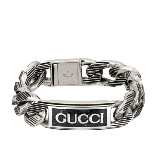 GUCCI/古驰 22新款 男士925纯银Gucci标识宽版黑色珐琅刻纹链条手链?701615J84101064