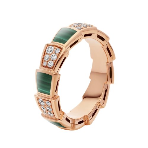 BVLGARI/宝格丽 Serpenti Viper系列 经典款孔雀石18K金玫瑰金带钻 中号蛇形戒指 355020