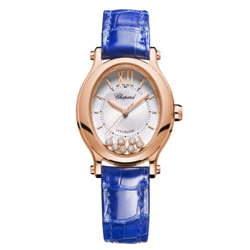  Chopard/萧邦  Happy Sport系列 椭圆形自动机械表镶钻玫瑰金表壳皮质表带女表31x29毫米275362-5001