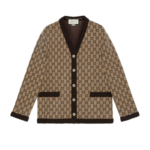 GUCCI/古驰新款女士米色V领羊毛GG提花毛毡针织开衫644570XKBN19751