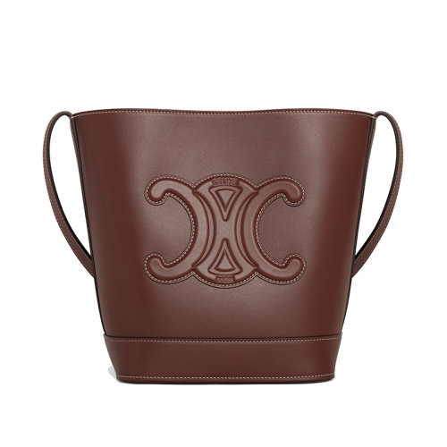 CELINE/赛琳 22新款 TRIOMPHE系列 女士小号板栗粽色小牛皮按压纽扣闭合单肩水桶包198243DU3.18CH