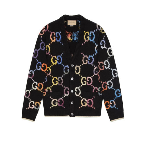 GUCCI/古驰 22年秋冬新款 爱的进行曲系列 男士黑色羊毛混纺老花提花针织开衫毛衣694776XKCD41152