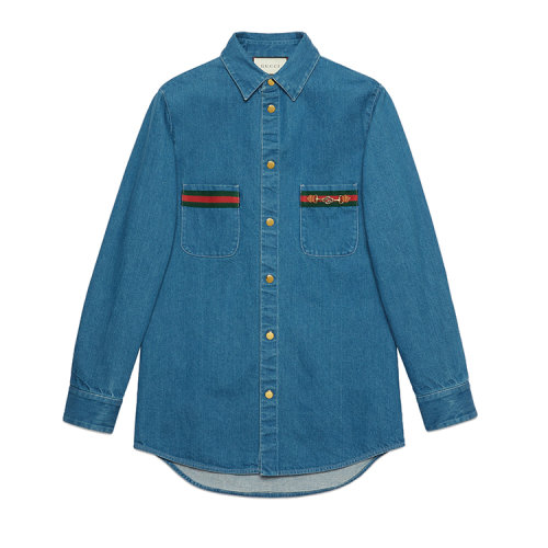 GUCCI/古驰 饰织带石磨水洗牛仔男士长袖衬衫 626480 XDBCG