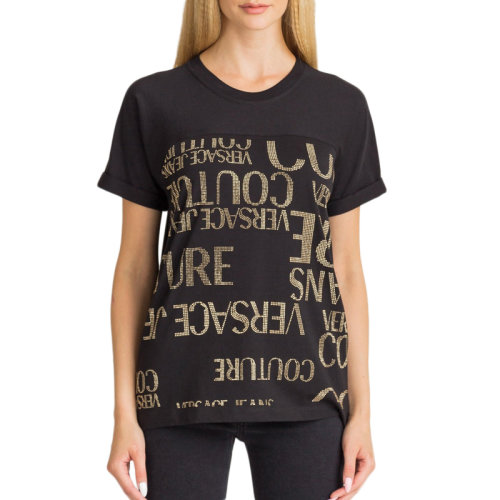 VERSACE JEANS/范思哲牛仔 女士黑色棉质经典字母徽标印花装饰圆领短袖上衣T恤 B2HUA7EG-36259-899