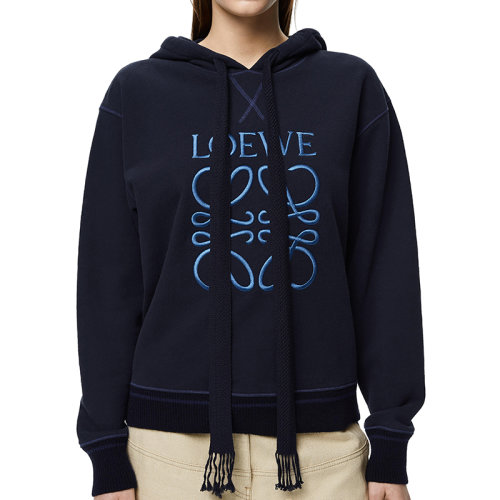 LOEWE/罗意威 22年春夏新款 女士海军蓝色醋酸面料Logo刺绣连帽衫卫衣S359341XAQ-5110