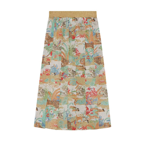 GUCCI/古驰 22年早春新款 中国新年系列 女士金色/绿色粘纤混纺老虎和花朵印花配金银丝线提花百褶裙?686499XKB8U7257