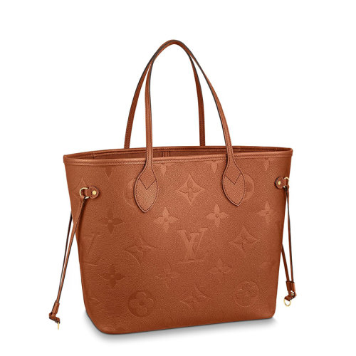 Louis Vuitton/路易威登 22新款NEVERFULL系列 女士中号干邑白兰地色（淡土黄色）老花徽标压纹皮革单肩手提托特包M46135