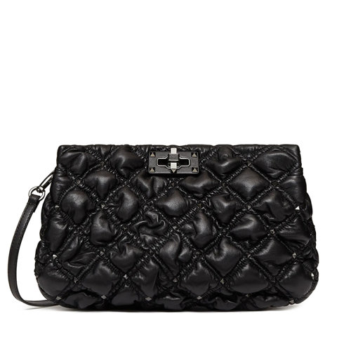 Valentino/华伦天奴  SPIKEME系列 女士小号黑色压花纳帕皮小饰钉手拿斜挎单肩包VW2B0I22EFZ0NO