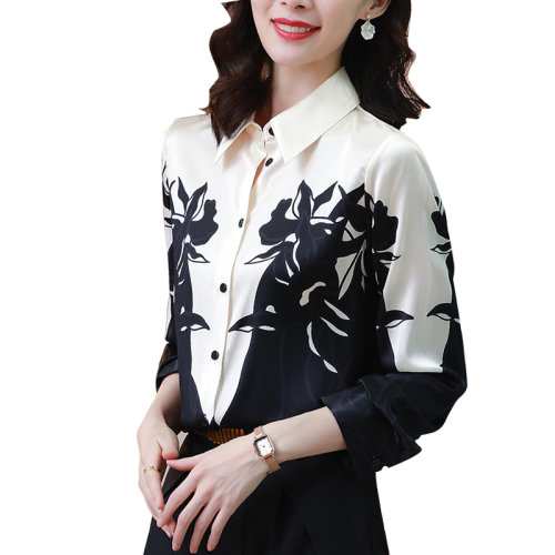 GeleiStory/GeleiStory 春夏新款桑蚕丝衬衫翻领撞色印花真丝长袖上衣  女装＞女士衬衫＞女士长袖衬衫