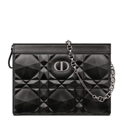 DIOR/迪奥 22春夏新款DIOR CARO系列 女士黑色菱形压印小牛皮银扣配可拆卸银链拉链开合单肩斜挎手拿钱包S5106BNEM_M900