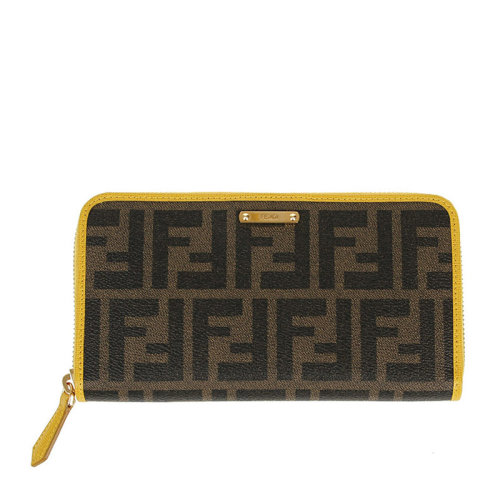 Fendi 芬迪 女士棕色黄边字母LOGO长款钱夹钱包
