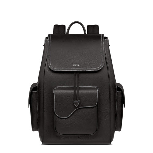 DIOR/迪奥  SADDLE系列 男士黑色粒面小牛皮鞍形翻盖抽绳双肩包1ADBA161YKK_H00N