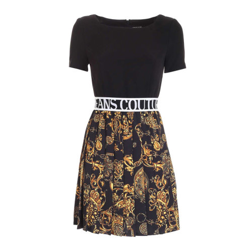 VERSACE JEANS/范思哲牛仔 女士黑色涤纶混纺弹性纤维经典字母徽标巴洛克印花装饰圆领长袖连衣裙 71HAO919-NS006-G89