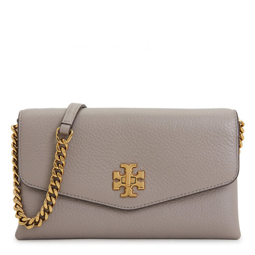 Tory Burch/汤丽柏琦 女士灰色牛皮经典金属字母徽标装饰翻盖单肩包斜挎包链条包女包 74881-082