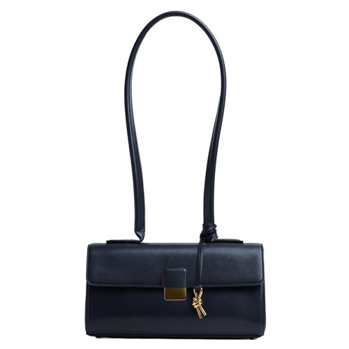 Bottega Veneta/葆蝶家 22新款 Desirede系列 女士深空蓝色小牛皮金属搭扣翻盖开合中长款单肩包718247V2EQ08847