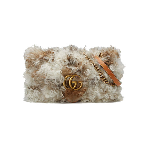 GUCCI/古驰 23春夏新款 marmont系列 女士小号白色/深棕色小羊皮金色饰面双G翻盖弹簧闭合单肩斜挎包443497AABHM9071