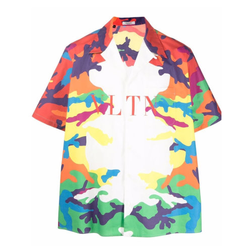 Valentino/华伦天奴 男士拼色棉质经典字母徽标印花装饰翻领短袖上衣衬衣衬衫 WV3AAA90-7KG-C65