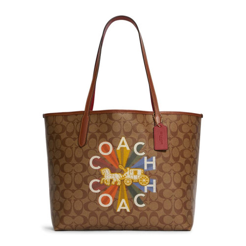 COACH/蔻驰 女士卡其色涂层帆布配皮经典字母马车徽标印花装饰按扣开合单肩包手提包托特包女包 C6813IME7V