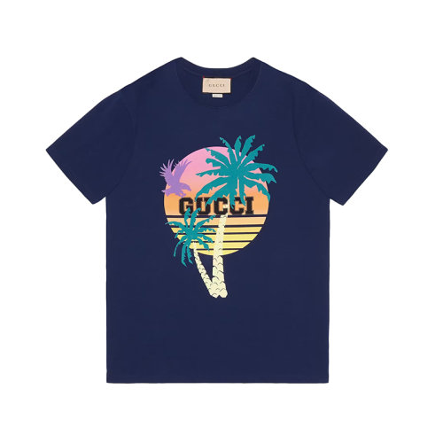 GUCCI/古驰 22年春夏新款 爱的进行曲系列 男士蓝色纯棉棕榈树印花短袖T恤548334XJEOV4684