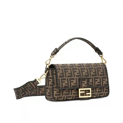FENDI 芬迪 Baguette 法棍包 金扣老花Logo 帆布拼皮 单肩斜挎手提包 中号 女包 棕色