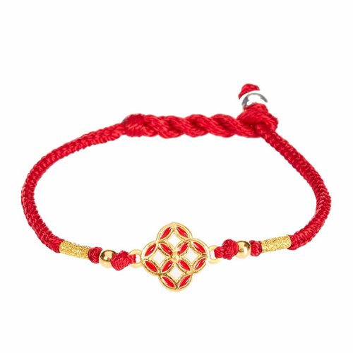 GJY/古金玥 小铜钱 3D硬金999足金珐琅烤漆四方双耳铜钱 手工编织转运珠手链