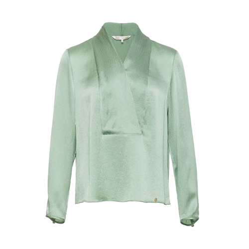 HUI/卉 女士长袖衬衫20秋季新品竹青色真丝套头衫V字叠领设计上衣