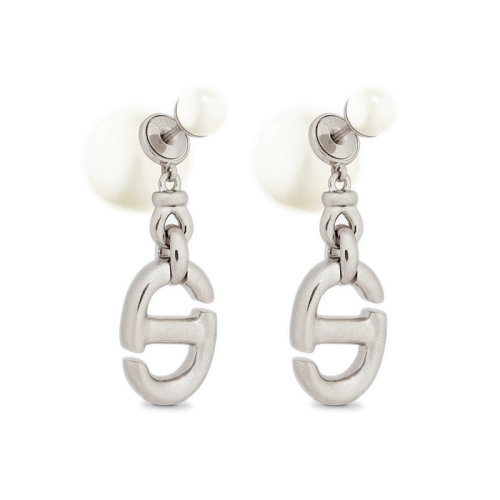 DIOR/迪奥 22新款 女士银色饰面金属配白色树脂珠CD字母形状耳环E2112WOMRS_D009
