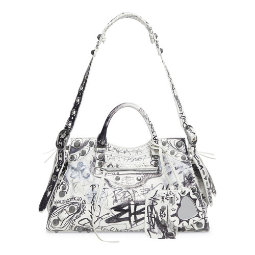 Balenciaga/巴黎世家 22新款 NEO CAGOLE CITY系列 女士白色/黑色涂鸦印花小羊皮银色饰面拉链开合拆卸心形镜子拉链口袋徽标编织手柄手提包700451210GD9060