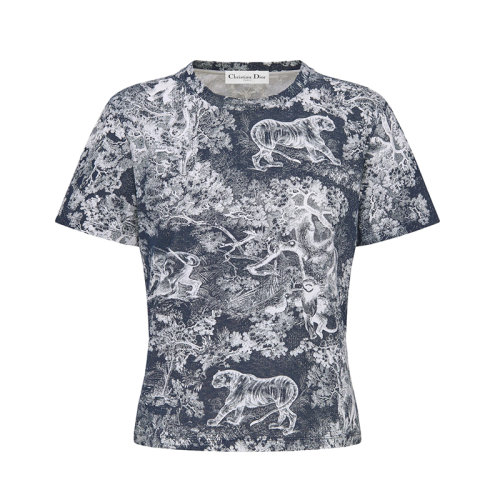 DIOR/迪奥 22年早春新款 女士海军蓝色棉麻混纺平纹面料蜜蜂图案印花短袖T恤223T19A4498_X5813