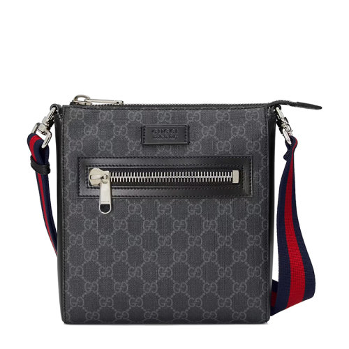 GUCCI/古驰 22春夏新款 男士小号黑色/灰色帆布黑色皮革滚边饰红蓝条纹织物肩带银扣单肩斜跨邮差包523599K5RLN1095