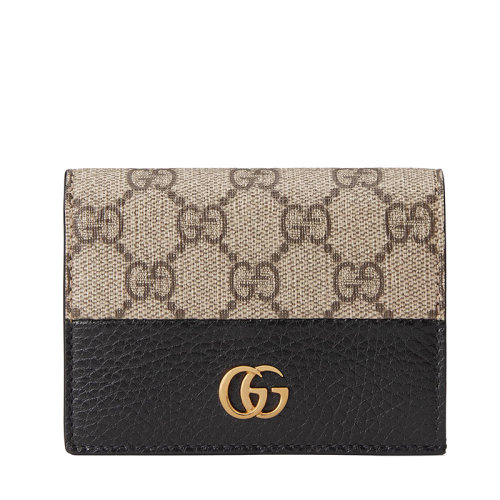GUCCI/古驰  GG Marmont系列 女士黑色皮革和米色/乌木色GG Supreme帆布双G钱包卡片夹65861017WAG1283