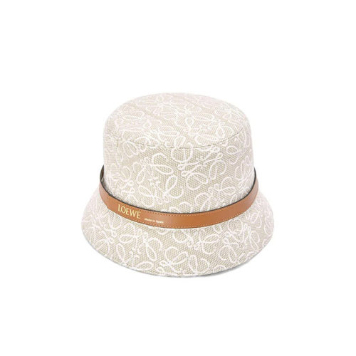 LOEWE/罗意威 22年春夏新款 女士浅褐色/软白色提花布和牛皮革老花图案水桶帽渔夫帽K820HB1X05-2614