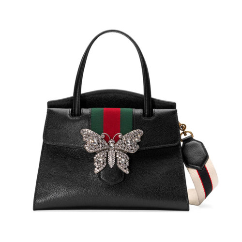 GUCCI/古驰 女包 时尚百搭 红绿织带蝴蝶装饰 女士黑色皮质手提包 505342-CWGEX-8478