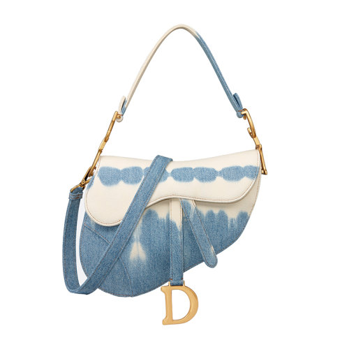 DIOR/迪奥 22新款SADDLE系列 女士蓝色染色牛仔复古金色手柄刺绣宽肩带手提肩背斜挎包M0455CJAW_M928