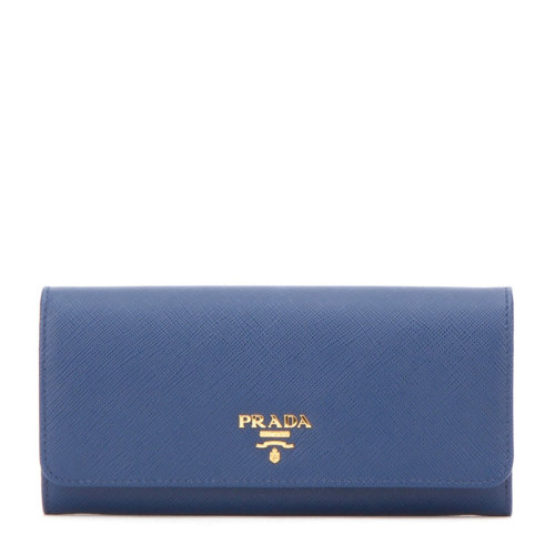 PRADA/普拉达 女士蓝色经典LOGO牛皮折叠翻盖钱夹钱包