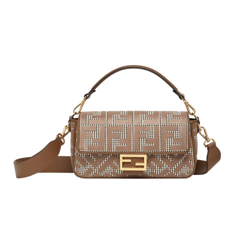 FENDI/芬迪 2022新款 女士中号棕色千鸟格羊毛配皮金色金属手提斜挎法棍包8BR600AKRZF1IRG