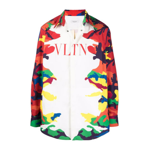 Valentino/华伦天奴 男士白色多色拼色涤纶经典字母徽标迷彩印花装饰长袖上衣衬衣衬衫 WV3CIA99-7JP-C40