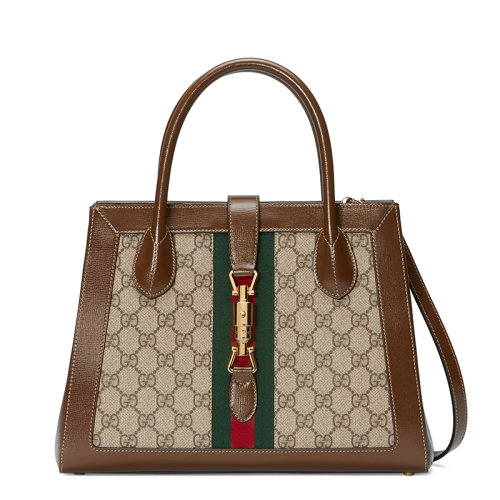 GUCCI/古驰 经典Jackie 1961系列 女士中号老花帆布棕色皮革饰边单肩手提斜挎包649016HUHHG8565