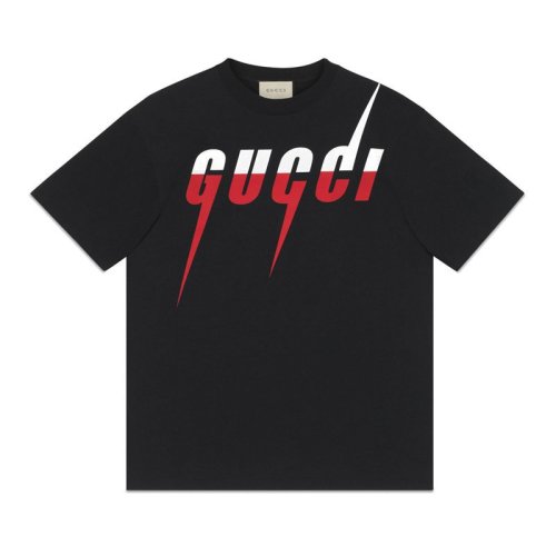  GUCCI/古驰 男士黑色纯棉拼色字母锋刃印花短袖T恤 565806 XJAZY 1141