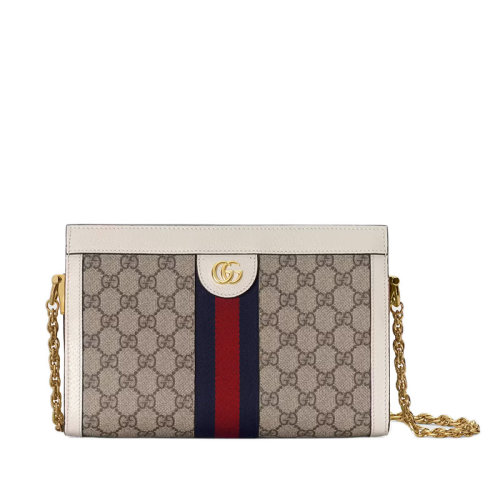GUCCI/古驰 22春夏新款Ophidia系列 女士小号米色老花帆布白色皮革滚边红蓝织带细节金扣金链斜跨单肩包503877K05NB9794