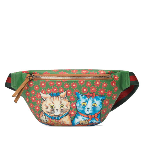 GUCCI/古驰  儿童款粉色绿色拼色帆布猫猫图案印花斜挎包腰包5095UR7AN3775