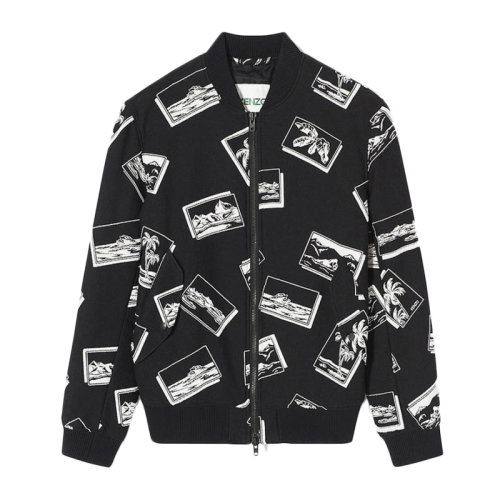 Kenzo 高田贤三  男士黑色棉质混纺图案印花装饰拉链短款飞行服外套夹克