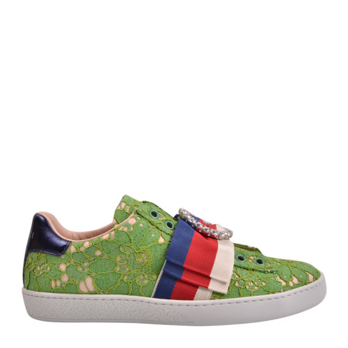 GUCCI/古驰  女士Ace水钻圆扣蕾丝花边运动鞋 低帮板鞋498705 多色 女鞋