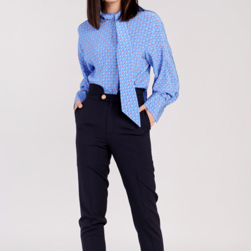 bifubyxingchen/彼伏蓝色字母印花系带女士长袖衬衫