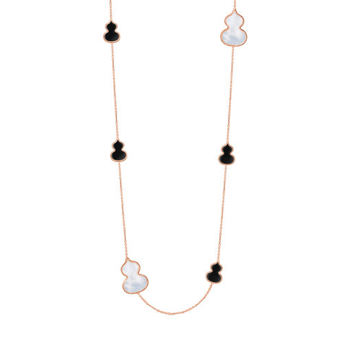 QEELIN/麒麟珠宝 经典WULU系列 18K金玫瑰金链条镶嵌黑色缟玛瑙珍珠贝母葫芦形状装饰长项链WU-032-SNLA-RGONMOP