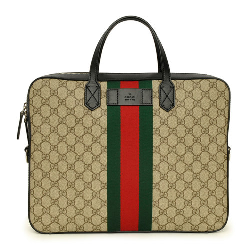 GUCCI/古驰 男士啡色PVC红绿织带装饰GG印花可拆卸肩带手提包单肩包斜挎包男包 387102-KHNGN-9692